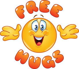 Happy emoji emoticon reaching out arms, free hugs lettering