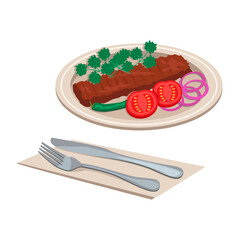  Turkish national food. Adana kebab. Fried, chopped meat on the grill. Vector graphic.	