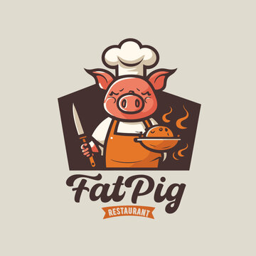 illustration on Pig chef logo mascot for pork grill bbq restaurant branding concept