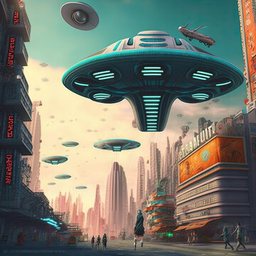ufo flying saucer in modern city created by generative ai