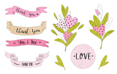 Love collection. Set on valentines day. Watercolor illustration of hand drawn elements with flowers, hearts, leaves, plants, ribbons, lettering.