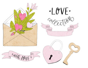 Love collection. Set on valentines day. Watercolor illustration of hand drawn elements with flowers, hearts, leaves, plants, ribbons, lettering, envelope