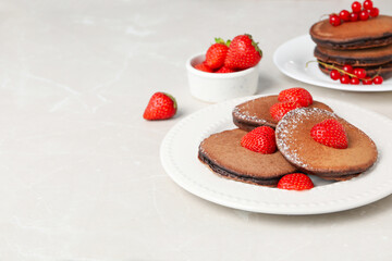 Concept of sweet food, chocolate pancakes, space for text