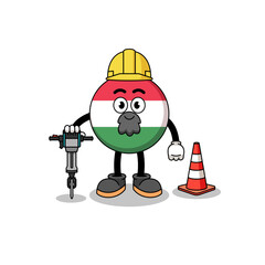Character cartoon of hungary flag working on road construction