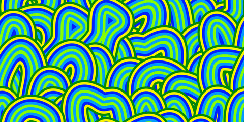 Colorful neon blue psychedelic swirl seamless pattern with hallucination swirls. Vector illustration. Trippy 70s textile background. Groovy design