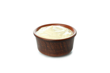 Concept of egg sauce, mayonnaise sauce, isolated on white background