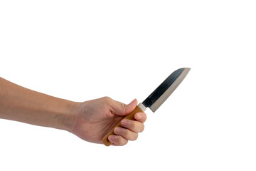 Hand and utility knife isolated on transparent background.