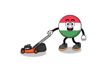 hungary flag illustration cartoon holding lawn mower