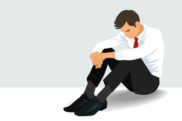 Business man suffering head pain after his work. Portrait of tired young business man, stress, crisis, depression, failure in business concepts.vector