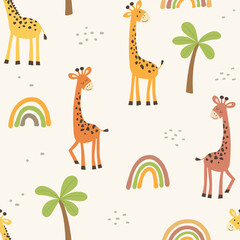 Seamless pattern with giraffe and palm. Vector illustration. © Nataliia Pyzhova