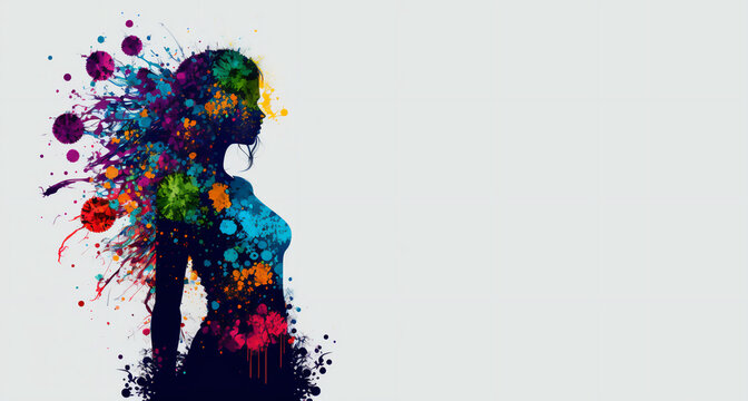 8th March International Women's Day concept with woman silhouette colorful flowers and splashing paint 
