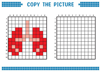 Copy the picture, complete the grid image. Educational worksheets drawing with squares, coloring cell areas. Children's preschool activities. Cartoon vector, pixel art. Lung organ symbol illustration.