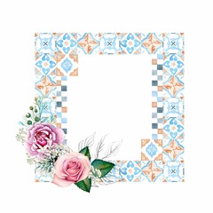 Watercolor floral wreath, frame,with green leaves, pink flowers. For wedding invitations, wallpapers, fashion. Rose, magnolia, green leaves, agapanthus. Illustrations on a white background