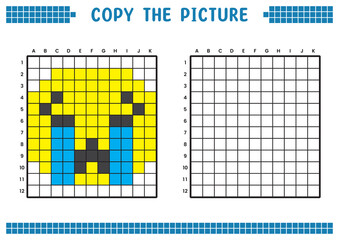 Copy the picture, complete the grid image. Educational worksheets drawing with squares, coloring areas. Children's preschool activities. Cartoon vector, pixel art. Illustration of sad crying face.