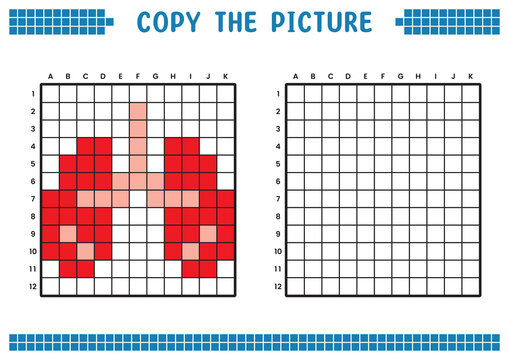 Copy the picture, complete the grid image. Educational worksheets drawing with squares, coloring cell areas. Children's preschool activities. Cartoon vector, pixel art. Lung organ symbol illustration.