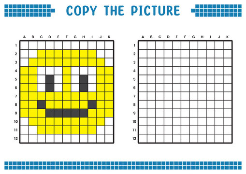 Copy the picture, complete the grid image. Educational worksheets drawing with squares, coloring cell areas. Children's preschool activities. Cartoon vector, pixel art. Illustration of a smiling face.