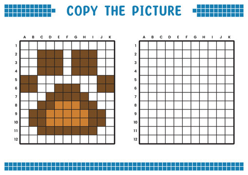 Copy the picture, complete the grid image. Educational worksheets drawing with squares, coloring cell areas. Children's preschool activities. Cartoon vector, pixel art. Animal paw symbol illustration.