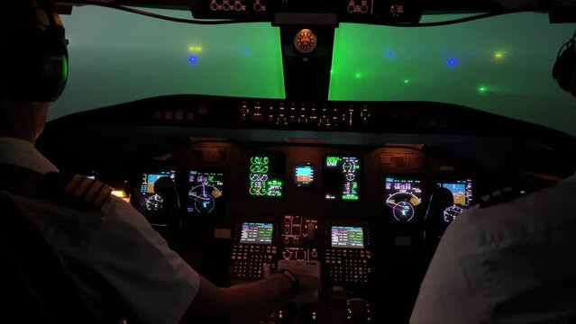 Jet cockpit view during a real taxi-out at night with heavy fog and reduced visibility