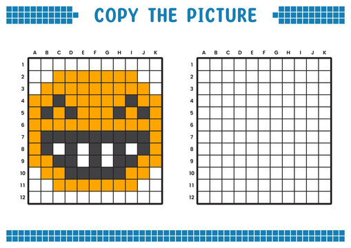 Copy the picture, complete the grid image. Educational worksheets drawing with squares, coloring areas. Children's preschool activities. Cartoon vector, pixel art. Grinning smiley face illustration.