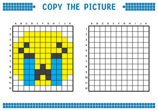 Copy the picture, complete the grid image. Educational worksheets drawing with squares, coloring areas. Children's preschool activities. Cartoon vector, pixel art. Illustration of sad crying face.