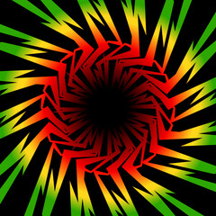 Abstract background with colorful gradient spiral spikes pattern and with Jamaican color theme