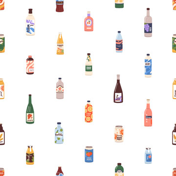 Seamless pattern with soda drinks, fruit lemonades. Endless background, repeating print, juice bottles, summer refreshments, sugar water in cans, cold beverages. Colored flat vector illustration