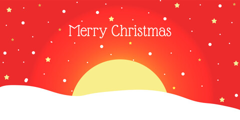 Fototapeta na wymiar Christmas banner inscription Merry Cristmas. Winter landscape red background with stars, snowflakes, landscape, 