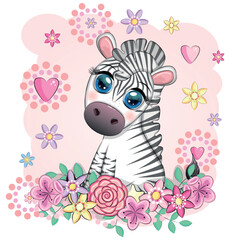 Cute cartoon zebra sits in flowers. Childish striped character, African animals