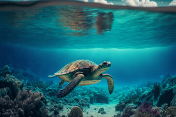 Fototapeta na wymiar illustration of sea turtle swimming under clean blue ocean water idea concept for environment preservation