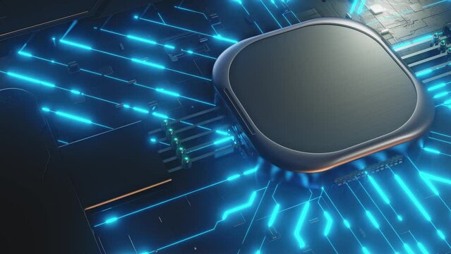 Abstract circuit board animation and Alpha Channel. Space on processor or cpu. Can be used text input or banner related to innovation and industry technology. 3D Render.