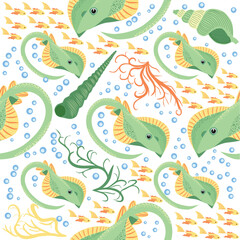 Obraz premium Batomorphi sea life, fish, animals bright seamless pattern. sea travel, snorkeling with animals, tropical fish