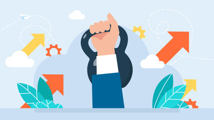 Strong hand holding big heavy kettlebell. Weight. Black dumbbell.  Strength, power and success concept. Equipment for sports and bodybuilding. Important decisions in business. Vector illustration