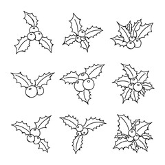 Obraz premium Holly berry Doodle vector icon set. Drawing sketch illustration hand drawn line eps10
