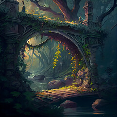 Old rickety bridge over a stream within a dark dying forest, Generative AI