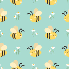 seamless pattern with cute cartoon kawaii bees, Hand drawn floral vector illustration background
