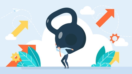 Stress is like heavy burden, load in business. Businessman under heavy kettlebell burden. Man is doing an important job. Financial crisis and credit payment. Bankruptcy, debt. Vector illustration