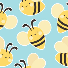 seamless pattern with cute cartoon kawaii bees, Hand drawn floral vector illustration background