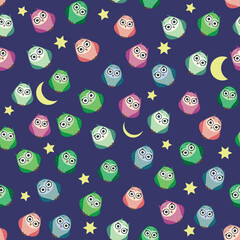 Fototapeta premium Cute multicolored owls at night with stars, clouds and moon. Seamless pattern in cartoon style, childish seamless pattern, newborn.