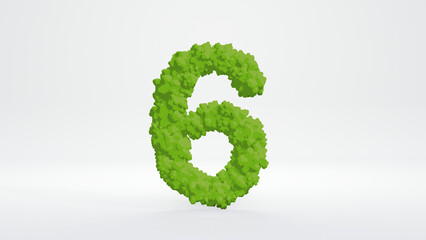 3D illustration of number six. Cute green bush style, isolated on white background with clipping path. 