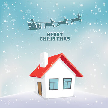 Christmas hill snowfall Santa fly above the house