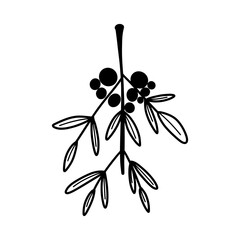 Mistletoe doodle line drawing. Hand drawn minimalist holly berry mistyle branch with leaves and berries. Black contour line outline vector illutration. Winter holidays floral clip art.