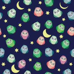 Cute multicolored owls at night with stars, clouds and moon. Seamless pattern in cartoon style, childish seamless pattern, newborn.