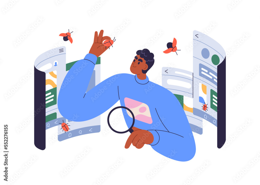Aufkleber Software testing, quality assurance concept. Program tester checking code for bugs, debugging application. QA engineer finding mistakes at work. Flat vector illustration isolated on white background
