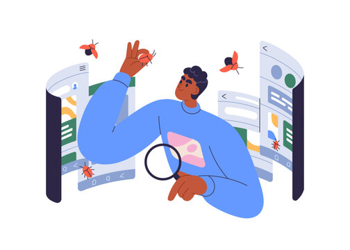 Software testing, quality assurance concept. Program tester checking code for bugs, debugging application. QA engineer finding mistakes at work. Flat vector illustration isolated on white background