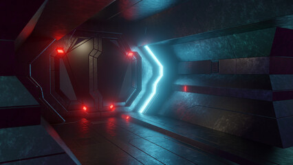 Rendering of a science fiction room with bright red and blue lights and doorway