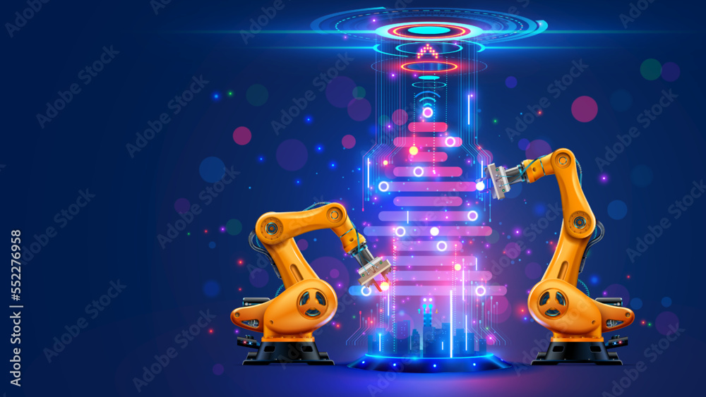 Poster industry robot decorations christmas tree. robotic arm on factory on card of christmas holidays. ind
