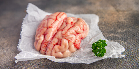 pork brain raw offal fresh meat meal food snack on the table copy space food background rustic top...