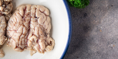 pork brain raw offal fresh meat meal food snack on the table copy space food background rustic top view