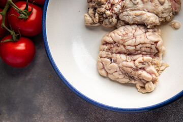 pork brain raw offal fresh meat meal food snack on the table copy space food background rustic top view