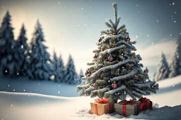 A beautiful christmas tree at a snow background